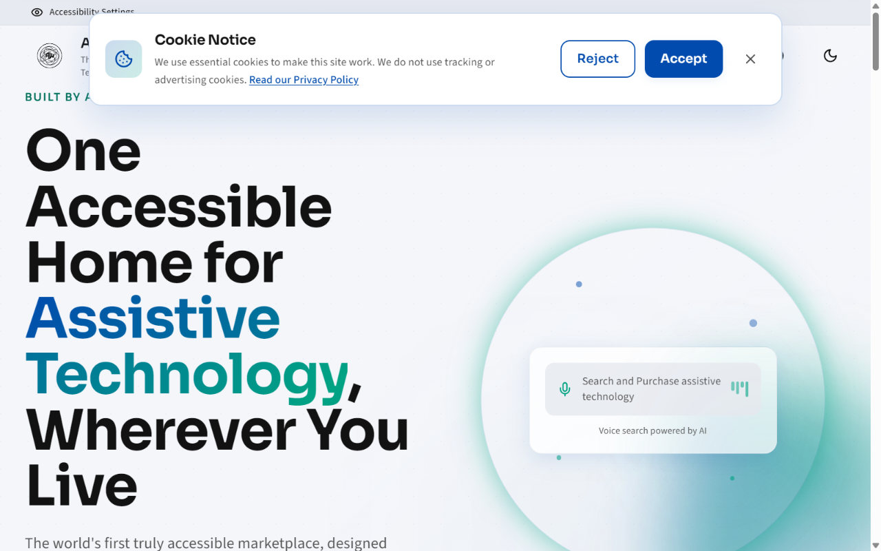 The All Access World launch landing page headed "One accessible home for assistive technology, wherever you live", with an accessible product search.