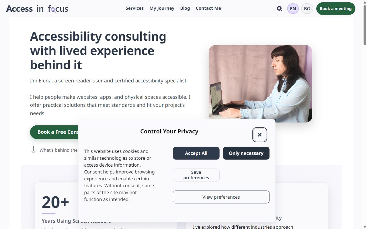 The Access In Focus homepage headed "Accessibility consulting with lived experience behind it", introducing Elena, a screen-reader user and certified accessibility specialist, with a free-consultation action.