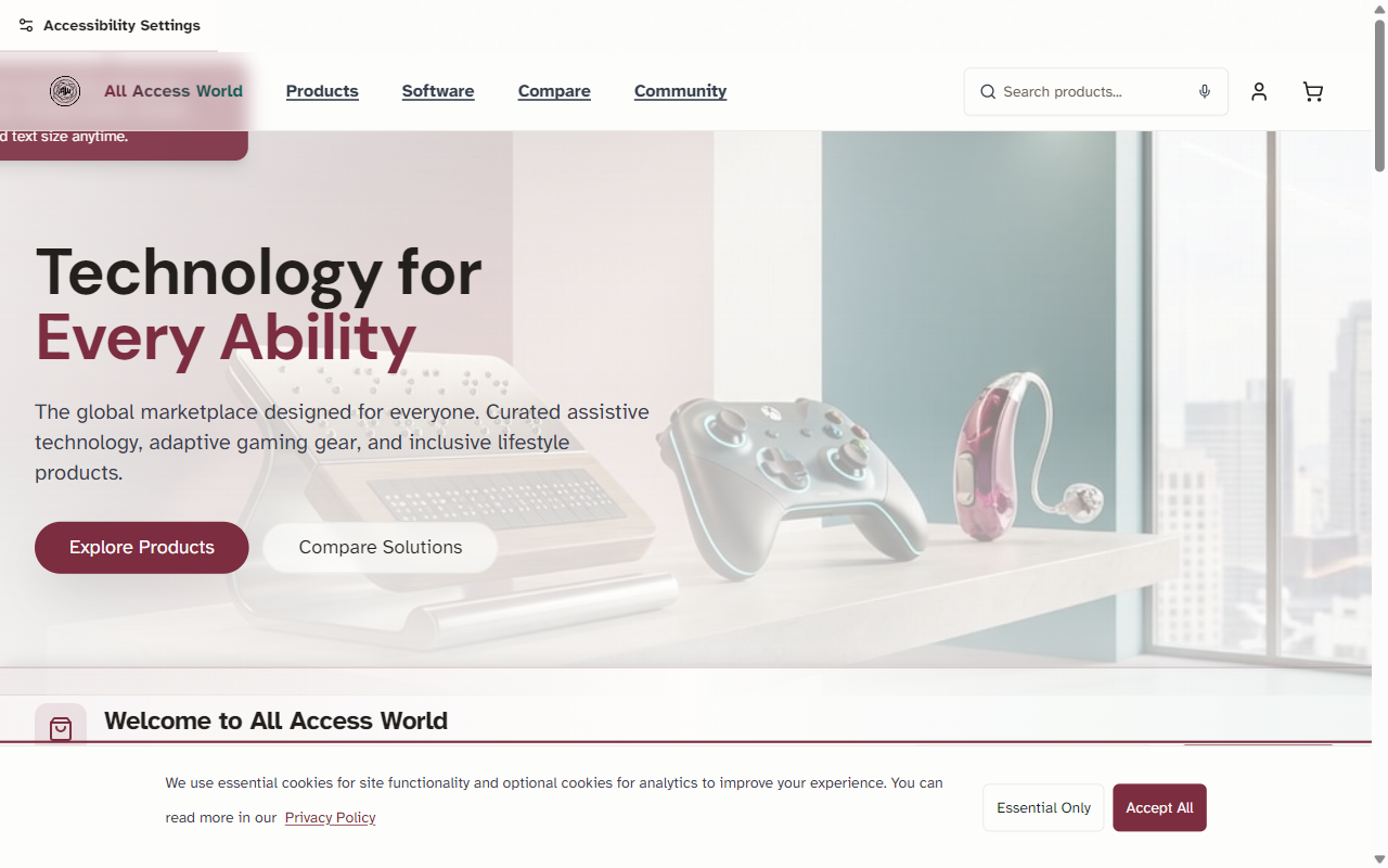 The All Access World homepage, headed "Technology for Every Ability", showing a curated assistive-technology storefront with product, software and comparison navigation.