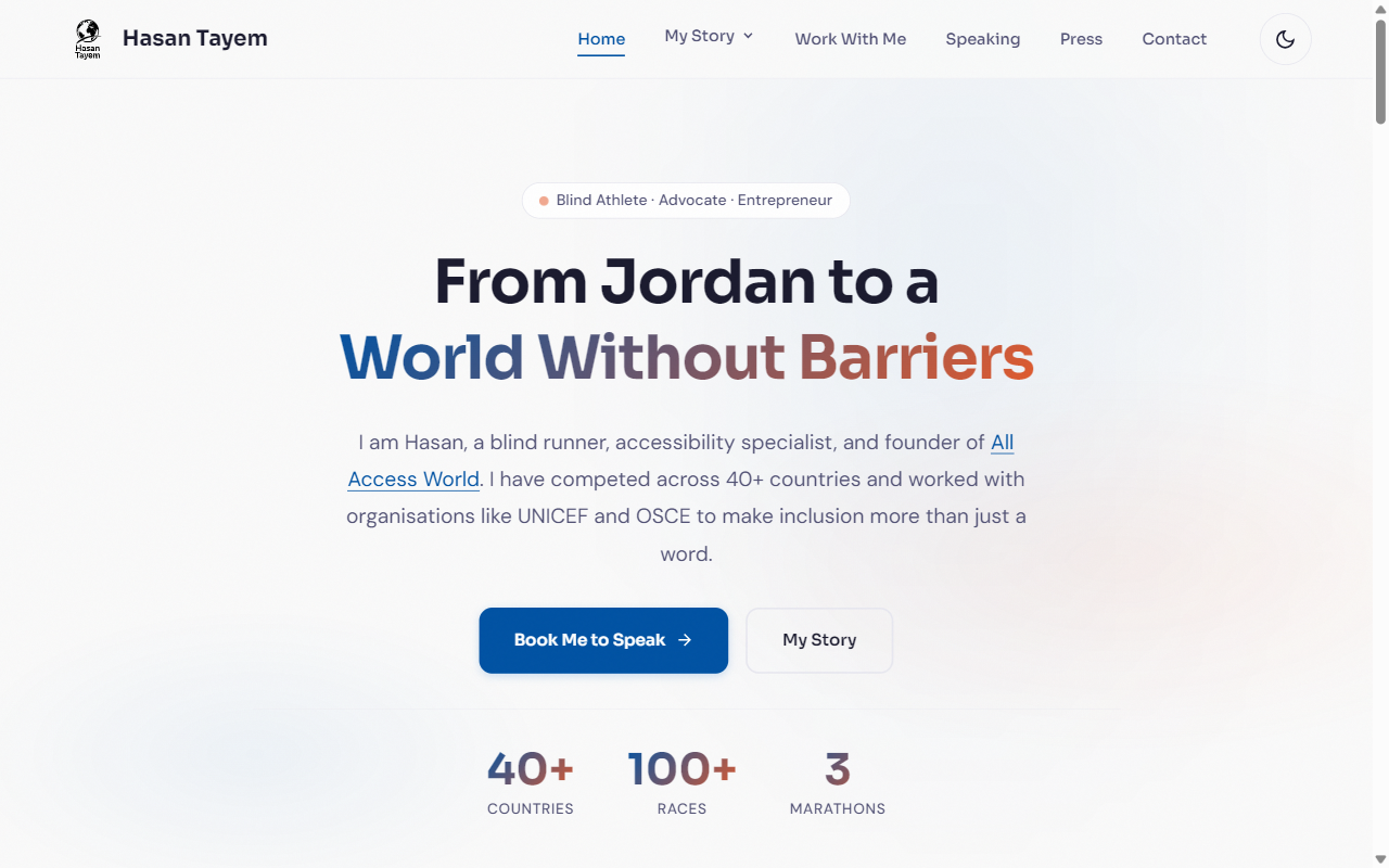 The Hasan Tayem homepage with the headline "From Jordan to a World Without Barriers" and a prominent "Book me to speak" call to action.