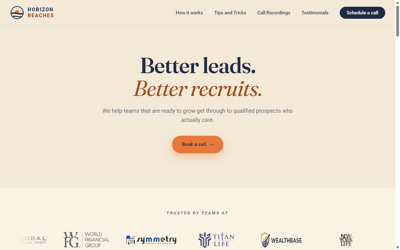 The Horizon Reaches homepage with the editorial headline "Better leads. Better recruits." and a "Book a call" button above a wall of financial-brand logos.