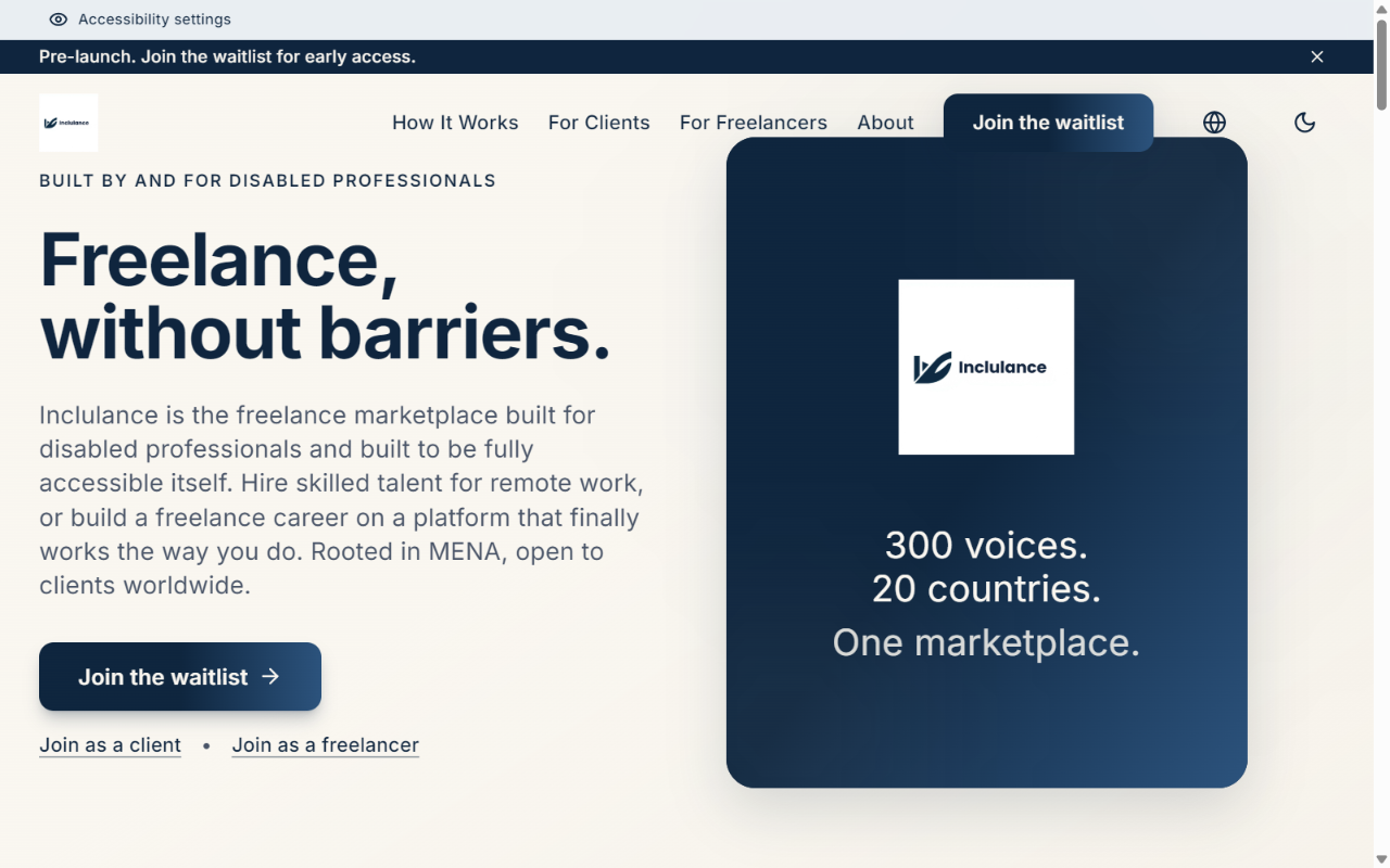 The Inclulance homepage headed "Freelance, without barriers", a marketplace built by and for disabled professionals, with a "Join the waitlist" action.