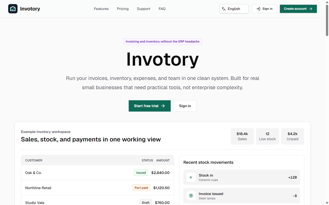 The Invotory homepage showing a sample workspace with a sales, stock and payments dashboard, customer invoice table and recent stock movements.