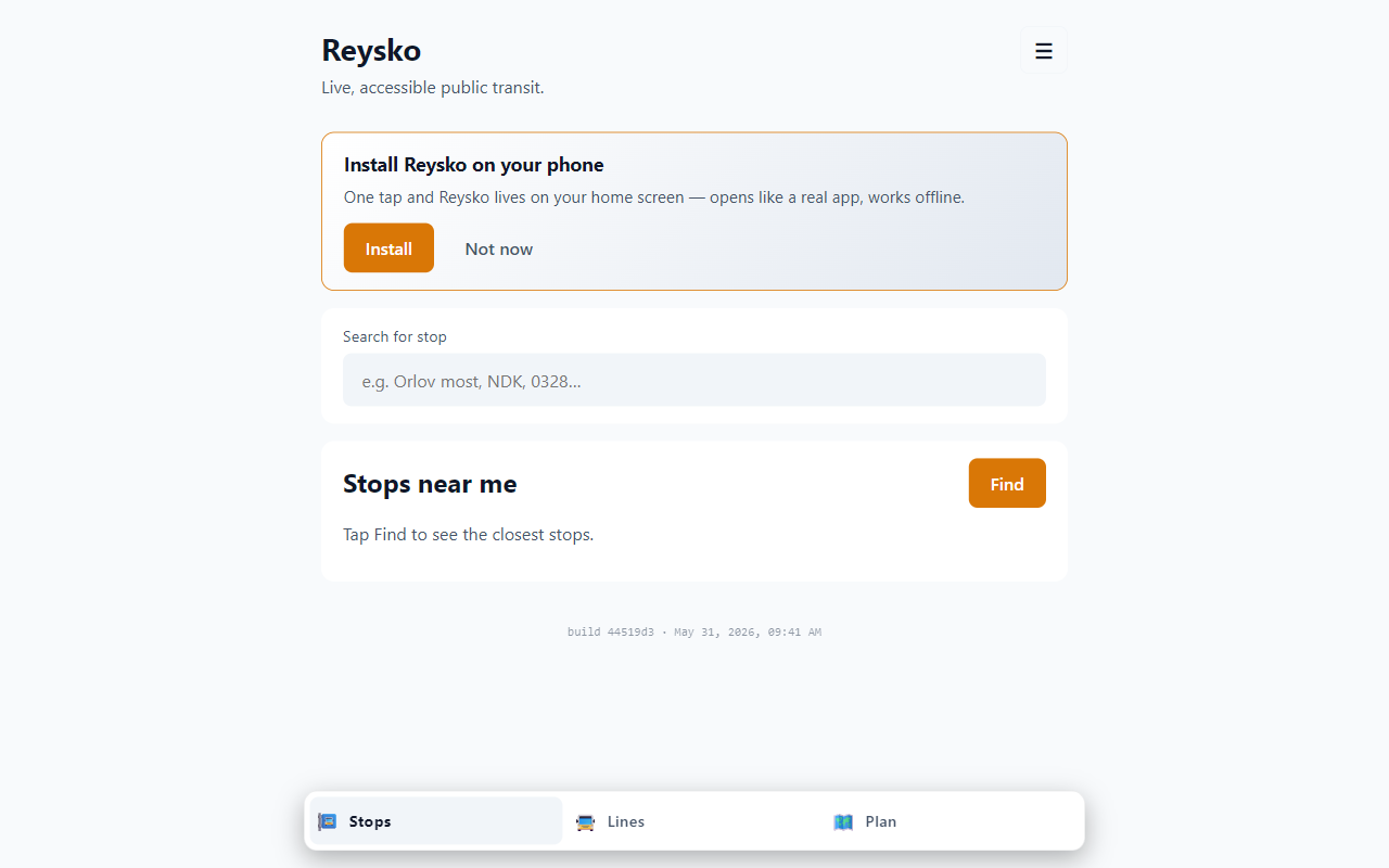 The Reysko public-transit web app showing an "Install on your phone" prompt, a stop search field and a "stops near me" panel with a bottom tab bar.