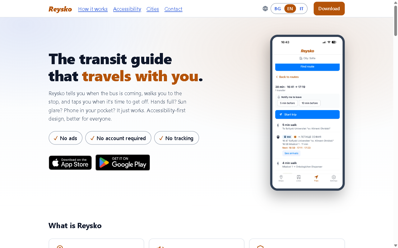 The Reysko site headed "The transit guide that travels with you", with App Store and Google Play buttons beside a phone showing a planned trip with walking steps and live departures.